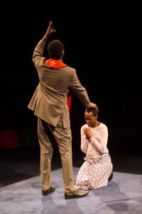 (l-r) Sule Rimi as Joe and Ony Uhiara as Naome in THE ROLLING STONE by Chris Urch (Royal Exchange Theatre until 1 May). Photo - Jonathan Keenan