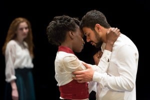 1(l-r) Gillian Saker as Katy, Ony Uhiara as Anna and Robert Gilbert as Vronsky in ANNA KARENINA (Royal Exchange Theatre until 2 May). Photo - Jonathan Keenan