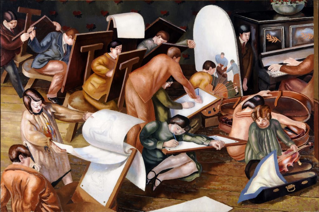  Stanley Spencer, The Art Class, Left outer panel from the Empire Marketing Board Series, 1929, oil on canvas. Gift from the Audrey & Stanley Charitable Trust, 2009. University of Leeds Art Collection © The Estate of Stanley Spencer / Bridgeman Images 