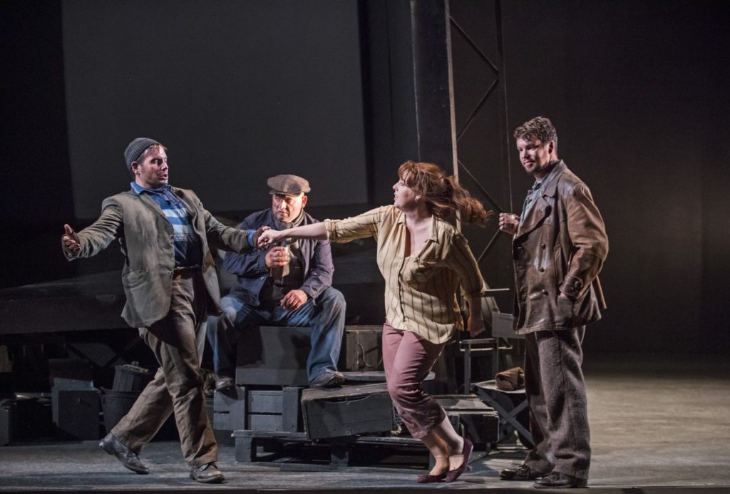 Stuart Laing as Tinca, Richard Mosley-Evans as Talpa, Giselle Allen as Giorgetta and David Butt Philip as Luigi. Photo Tristram Kenton