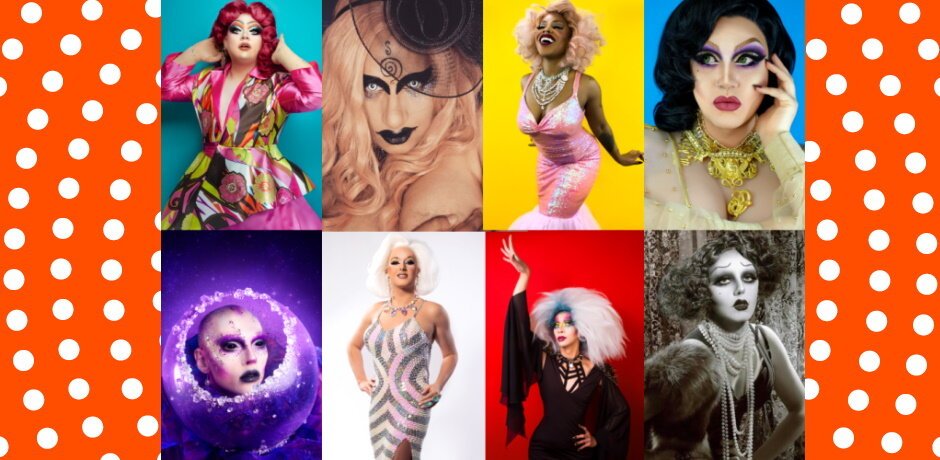 A collage of 6 photos of drag queens who are part of the Queeriosity event. The collage is has borders on both sides with white polka dots on an orange background.