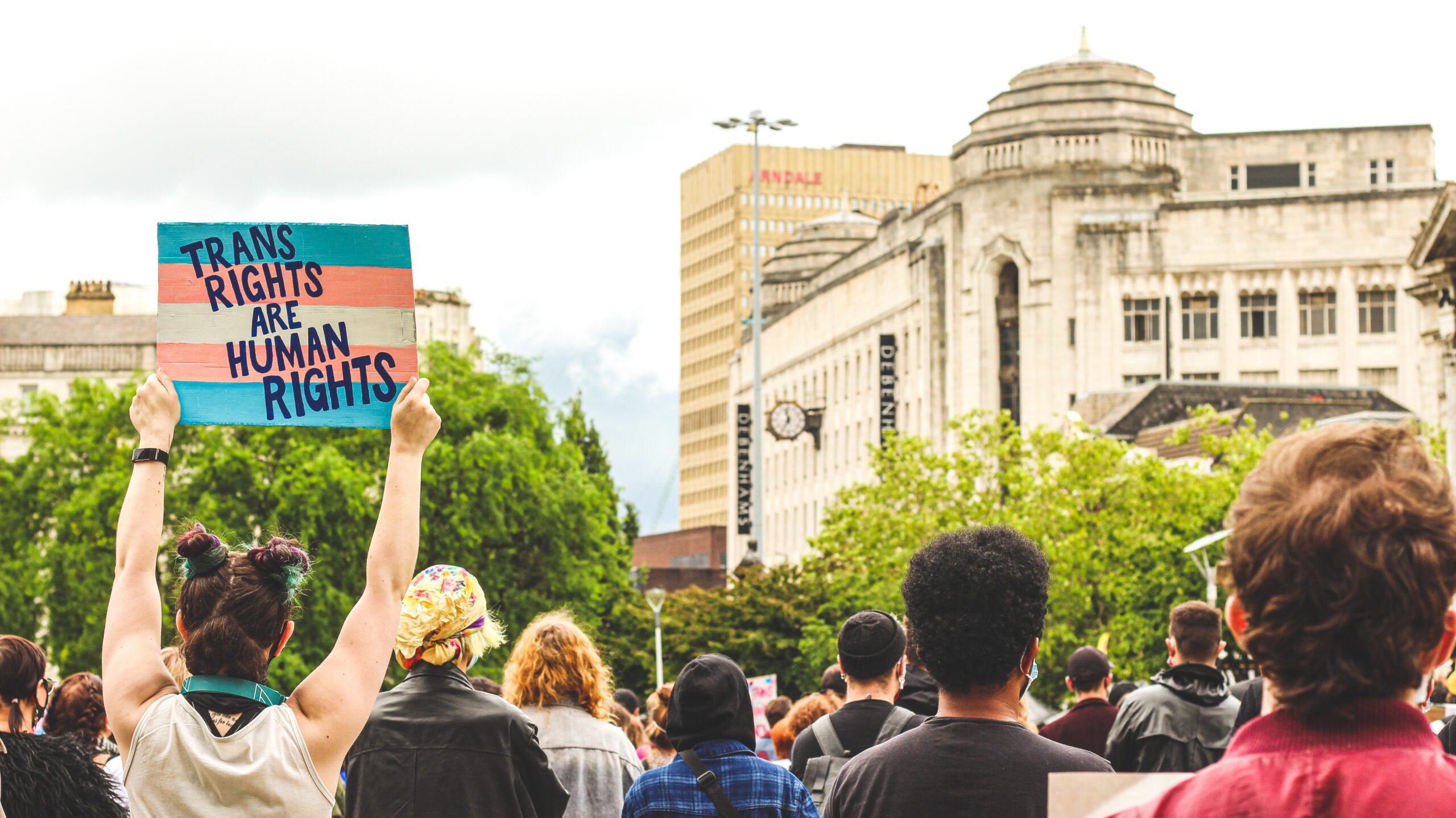 Activist holding up a trans flag sign reading "trans rights are human rights"