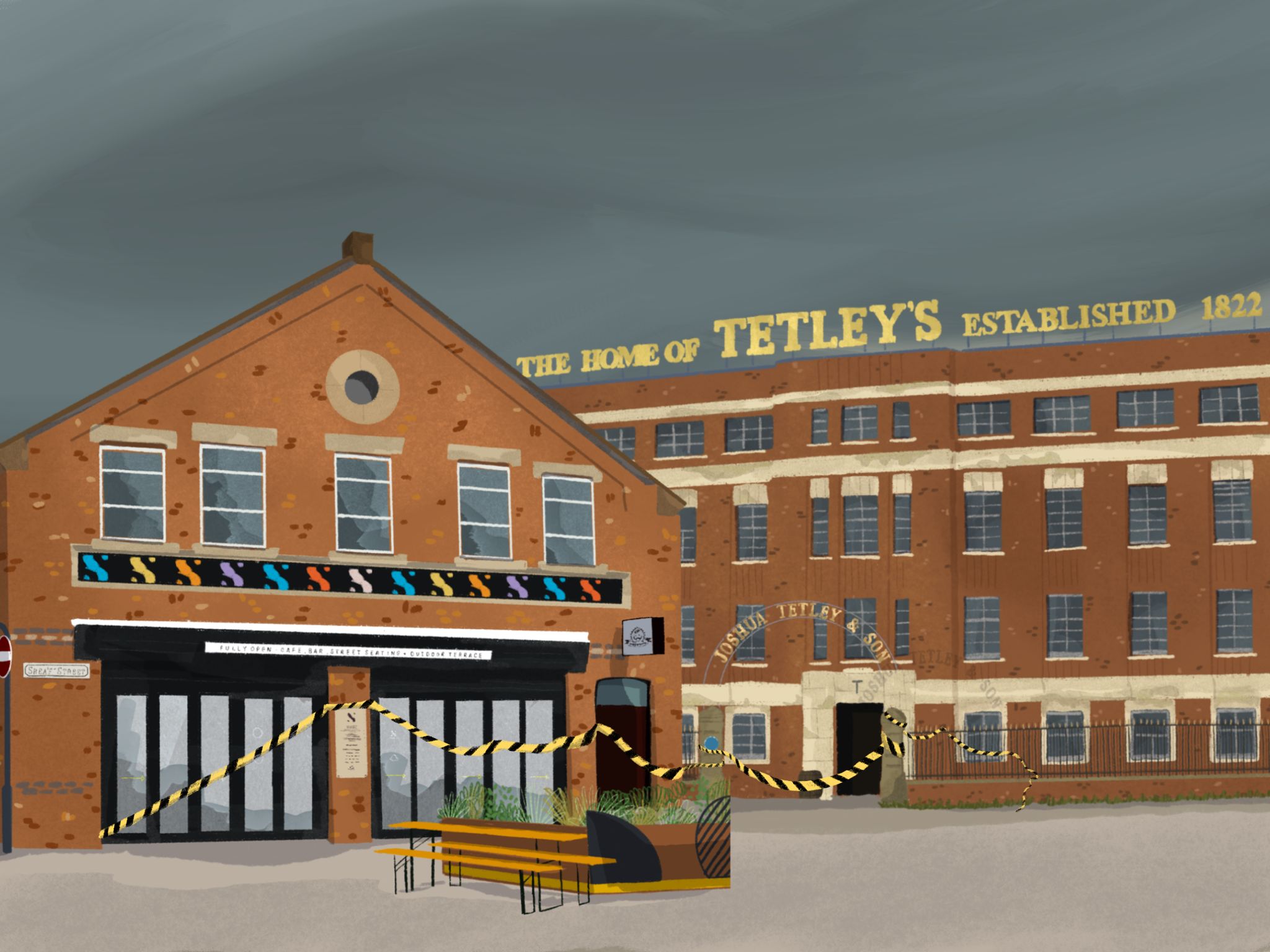 Illustration of Tetley and Sheaf St buildings with construction tape