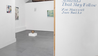 Install view of Moments That May Follow at Serf, Leeds. Left: Zoe Maxwell, Light Blinds the Early Days, 2025, Oil on Lino 30x30cm Centre: Jun Rui Lo Untitled (Those Nights We Looked Upon The Sky), 2025, Wooden Chinese Checkers board, woodenballs acrylic, spray paint, 20x20x2cm Back: Jun Rui Lo, Untitled (II), 2025, Wooden chair parts, plastic wrap, screws, spray paint, 32 x 20 x 9cm.