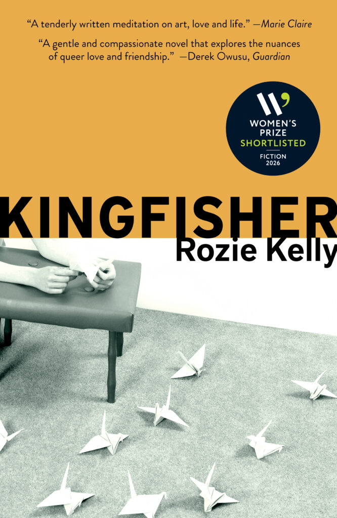 Book cover of Kingfisher by Rozie Kelly. The design features white origami birds scattered across a grey floor, with a partially visible figure holding a paper bird. A Women's Prize for Fiction 2026 shortlisted badge appears above the title.