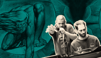 Collage of Testament and Matthew Bourne performing in front of a teal-toned artwork of a crouching human figure, blending classical art and modern music imagery.