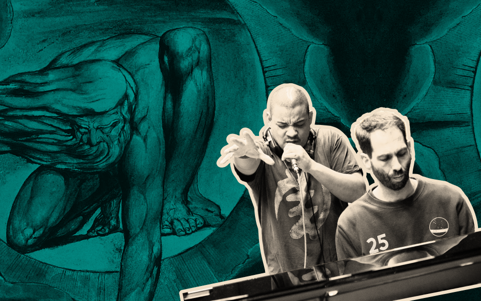 Collage of Testament and Matthew Bourne performing in front of a teal-toned artwork of a crouching human figure, blending classical art and modern music imagery.