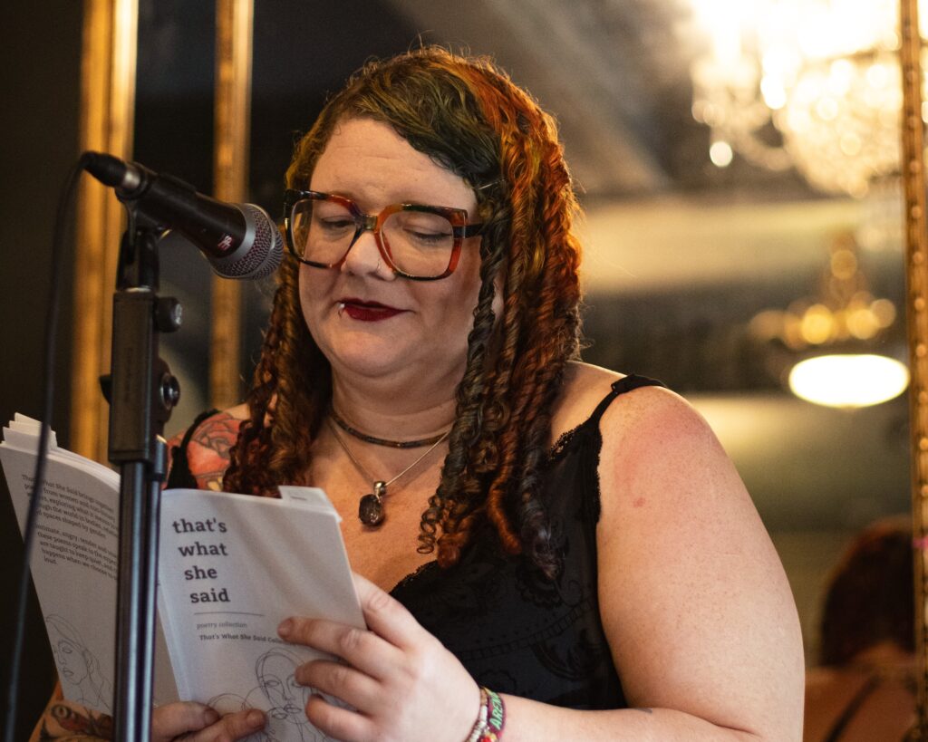 Molly Hope reads from the That’s What She Said poetry anthology during the collective’s event at The Cardigan Arms in Leeds.