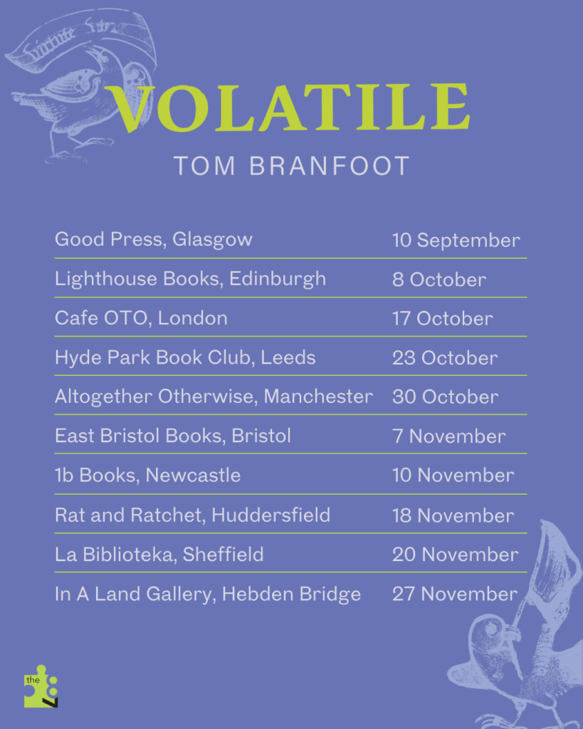 Blue tour poster listing dates and venues of Tom's 'Volatile' tour.
